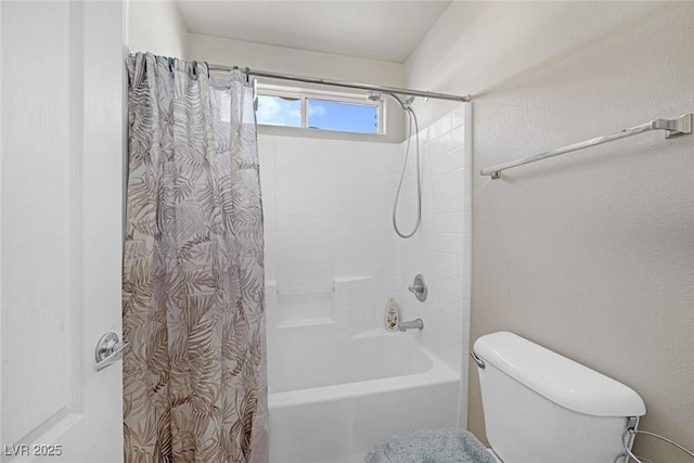 full bathroom with shower / bathtub combination with curtain and toilet