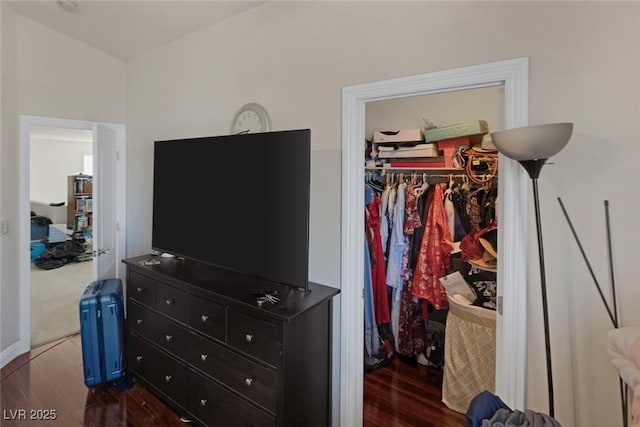 bedroom featuring a closet, a walk in closet, and wood finished floors