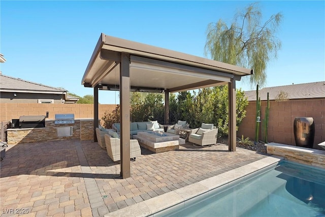 view of patio with an outdoor living space with a fire pit, area for grilling, a fenced backyard, and a grill