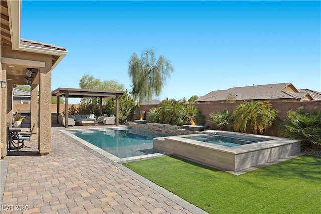 view of swimming pool with an outdoor hangout area, a yard, a fenced backyard, a patio area, and an in ground hot tub