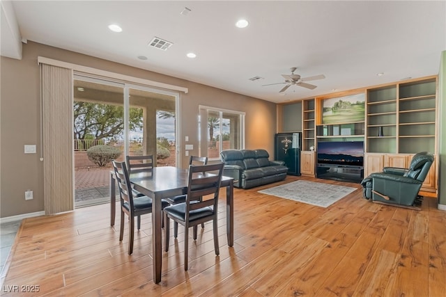 dining space with recessed lighting, visible vents, light wood-style floors, and ceiling fan