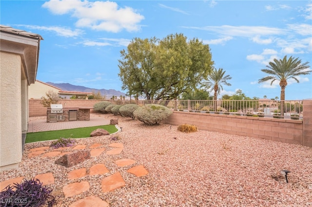 view of yard featuring an outdoor kitchen, a mountain view, a patio, and fence