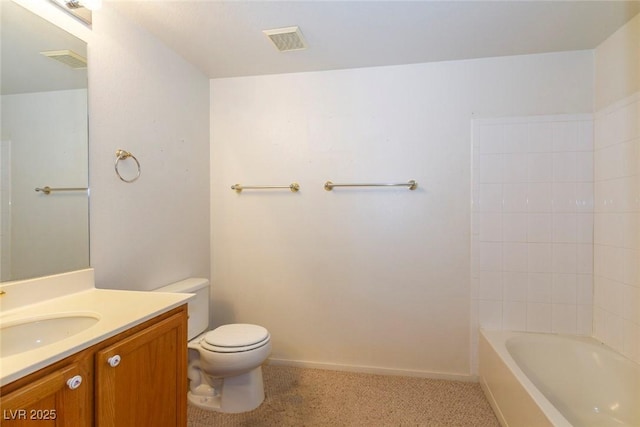 full bath with vanity, toilet, baseboards, and visible vents