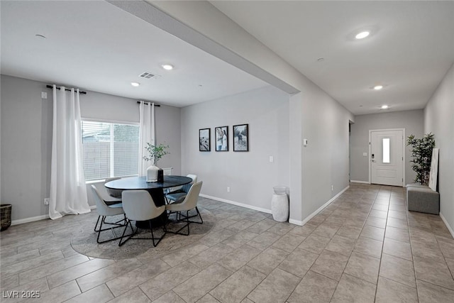 dining area featuring recessed lighting, visible vents, baseboards, and light tile patterned floors