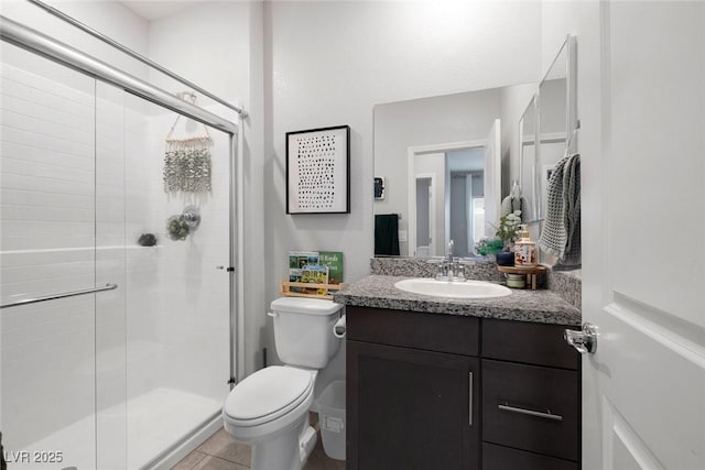 full bathroom with vanity, a shower stall, toilet, and tile patterned floors