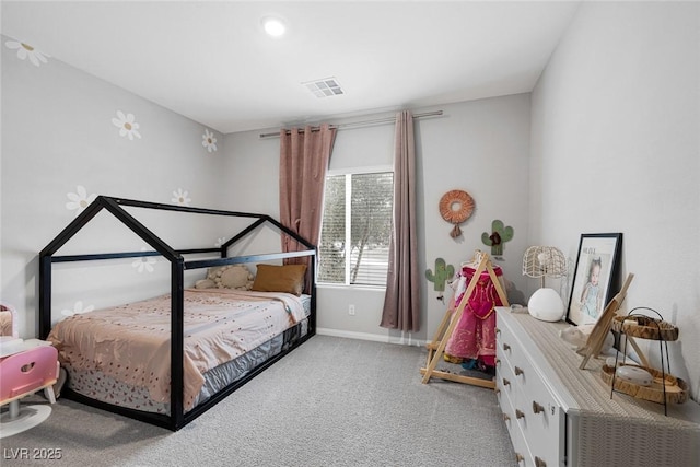 bedroom featuring visible vents, carpet flooring, and baseboards