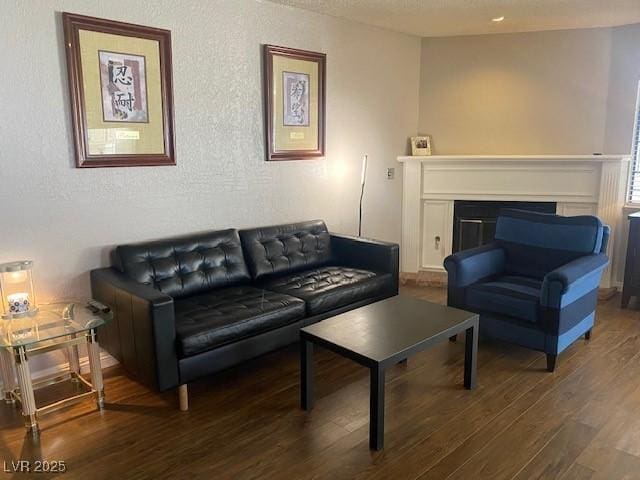 living room with wood finished floors and a fireplace