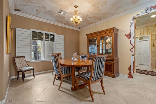 dining area with a notable chandelier, baseboards, visible vents, and ornamental molding