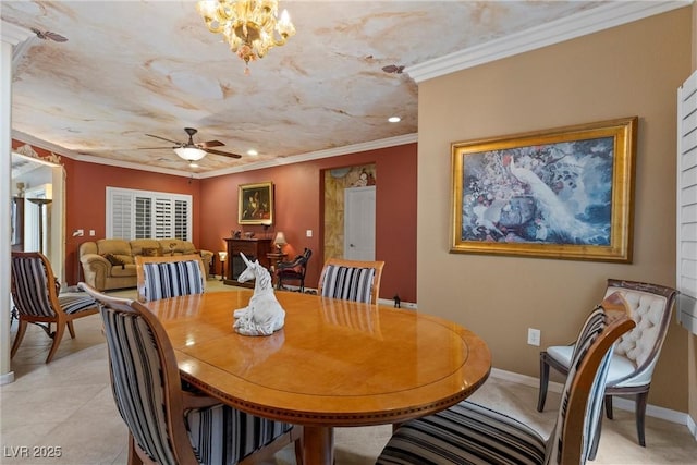 dining area with recessed lighting, crown molding, light tile patterned floors, baseboards, and ceiling fan