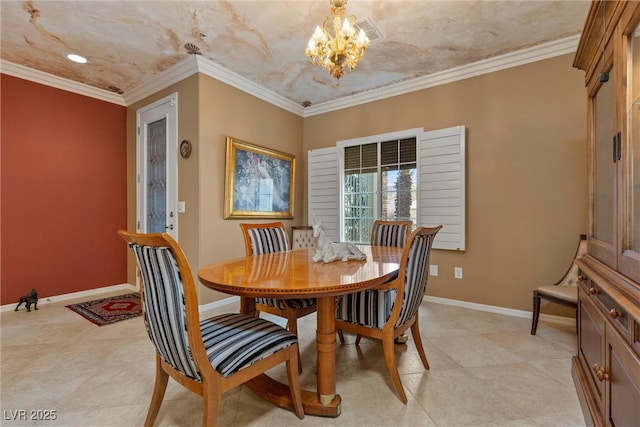 dining space with a chandelier, crown molding, and baseboards