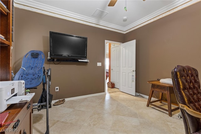 office area featuring light tile patterned floors, crown molding, and baseboards