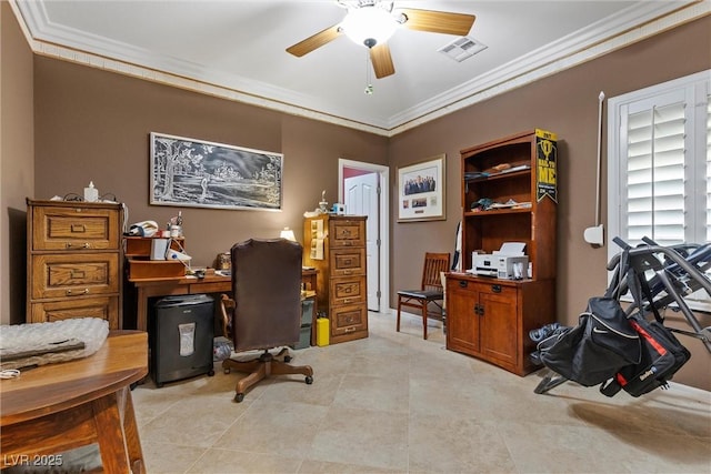 office space featuring visible vents, crown molding, and ceiling fan