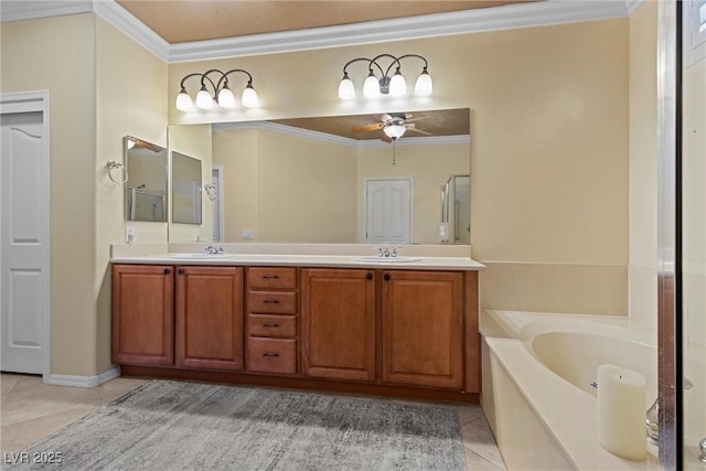 full bath with ornamental molding, a sink, ceiling fan, tile patterned flooring, and a bath