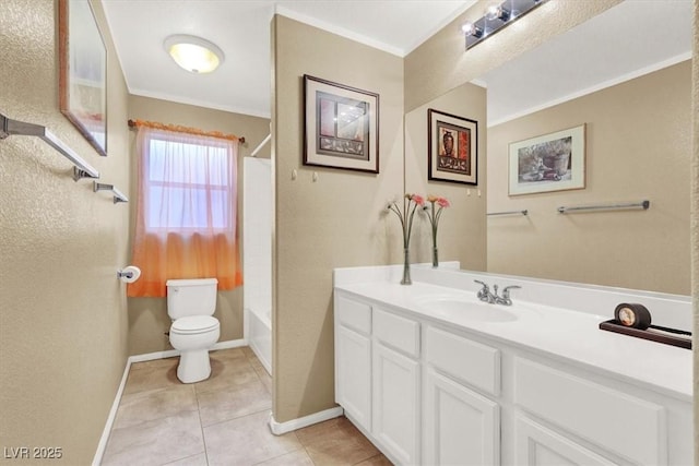 full bath featuring vanity, tile patterned floors, toilet, and baseboards