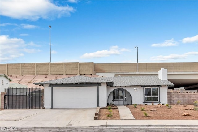 view of front facade with stucco siding, a gate, fence, concrete driveway, and a garage