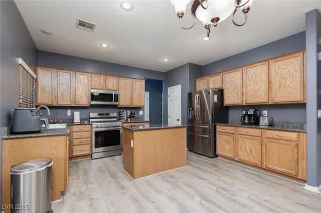 kitchen with visible vents, a kitchen island, light wood-style flooring, a sink, and appliances with stainless steel finishes