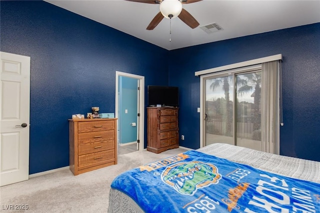 bedroom featuring access to exterior, visible vents, baseboards, ceiling fan, and carpet flooring