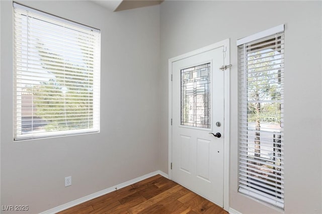 entryway featuring baseboards and dark wood-style flooring