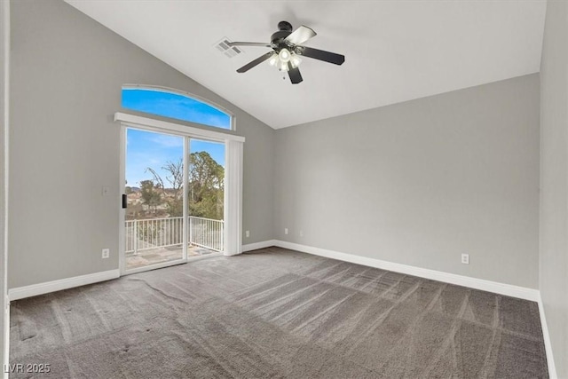 carpeted spare room featuring a ceiling fan, baseboards, visible vents, and high vaulted ceiling