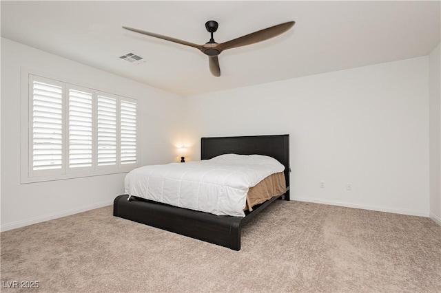 bedroom with visible vents, ceiling fan, baseboards, and carpet floors