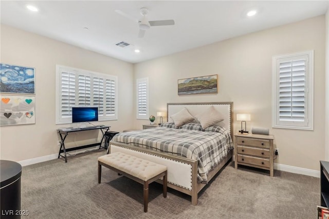 carpeted bedroom featuring visible vents, recessed lighting, a ceiling fan, and baseboards