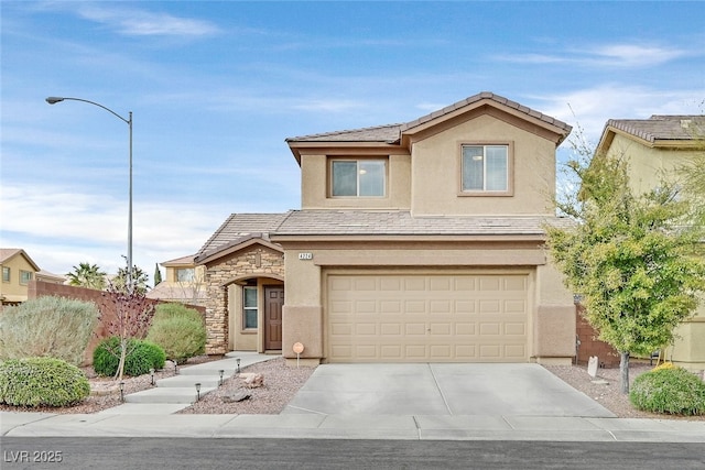 traditional-style house featuring roof mounted solar panels, stucco siding, a garage, stone siding, and driveway