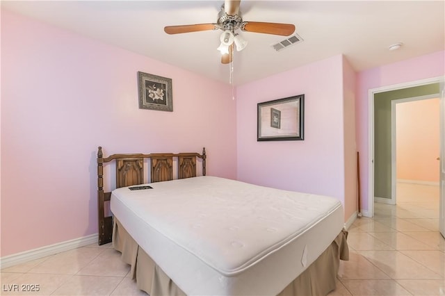 bedroom with light tile patterned floors, visible vents, baseboards, and ceiling fan