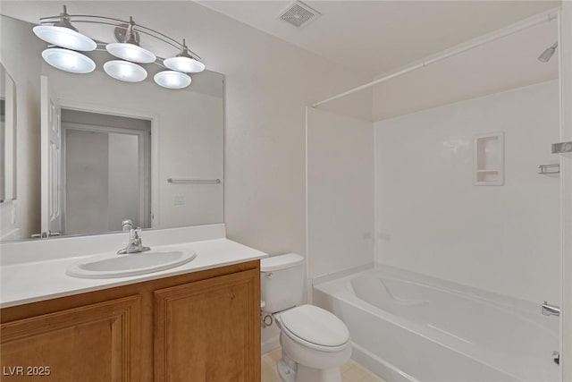 full bath featuring visible vents, toilet, vanity, and shower / tub combination