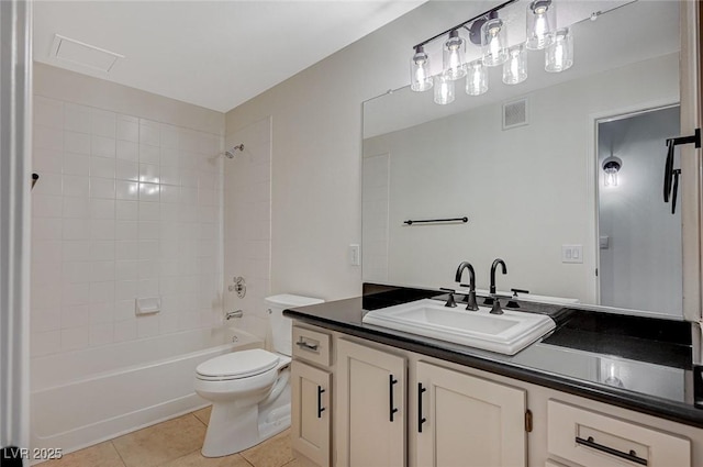 bathroom with visible vents, toilet, shower / bathing tub combination, tile patterned flooring, and vanity