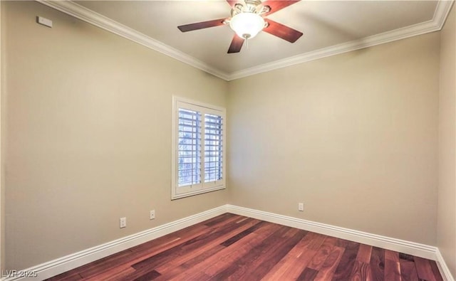 unfurnished room featuring a ceiling fan, dark wood-type flooring, baseboards, and ornamental molding