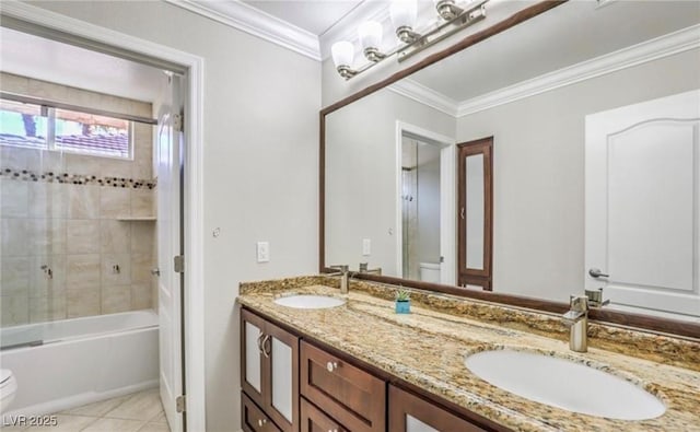 full bathroom with ornamental molding, toilet, and a sink