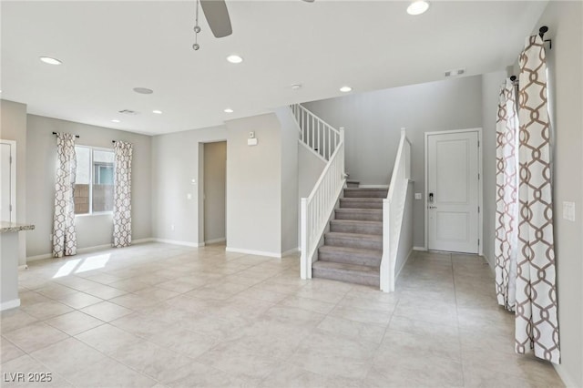 interior space with stairway, recessed lighting, and ceiling fan