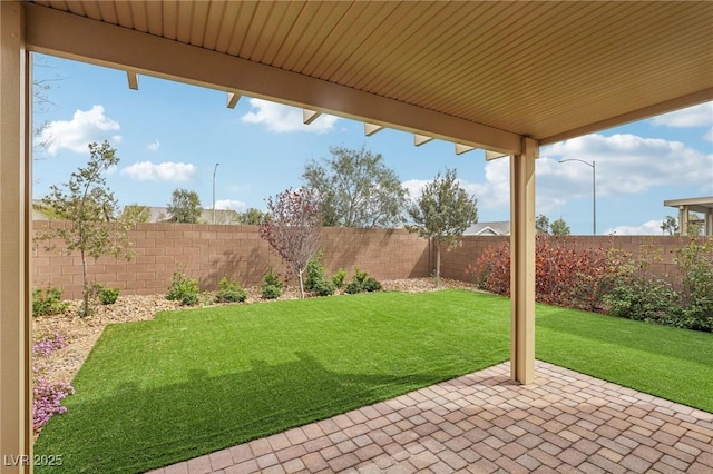 view of yard with a fenced backyard and a patio area