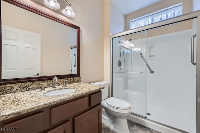 full bath featuring vanity, toilet, and a shower stall