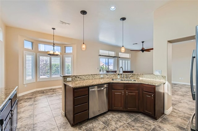 kitchen with a ceiling fan, visible vents, a sink, dark brown cabinetry, and stainless steel dishwasher