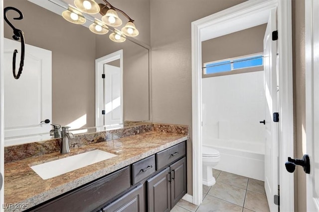 full bathroom with tile patterned flooring,  shower combination, toilet, and vanity