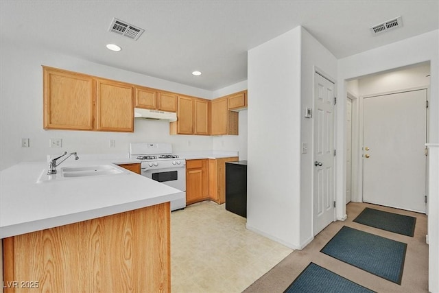 kitchen featuring a sink, visible vents, white range with gas cooktop, and under cabinet range hood