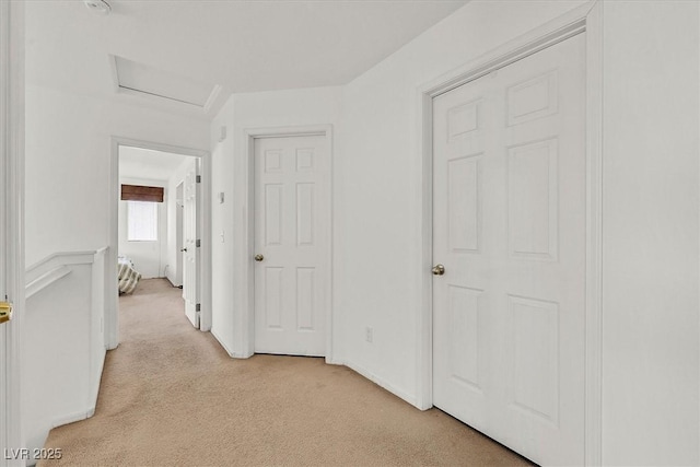 hallway featuring light colored carpet and attic access