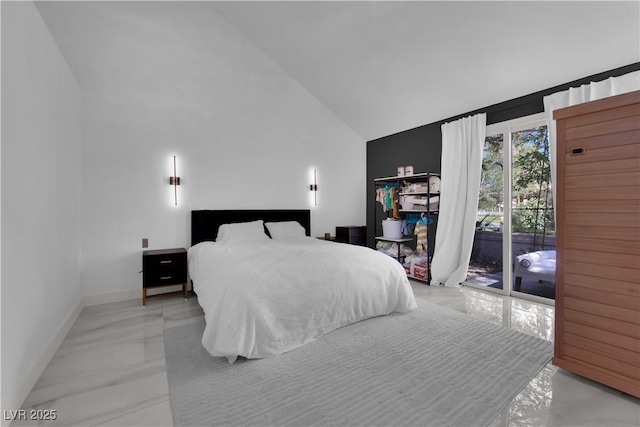 8170 Round Hills Cir, Las Vegas, NV 89113 - bedroom featuring access to exterior, high vaulted ceiling, baseboards, and light marble finish floors