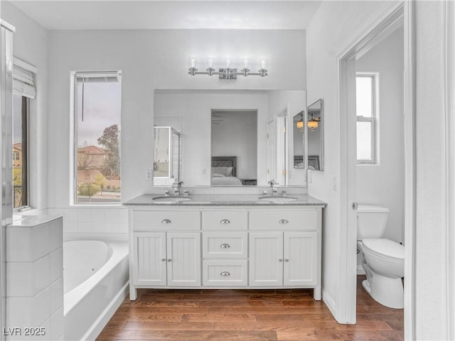 bathroom featuring double vanity, wood finished floors, and a sink