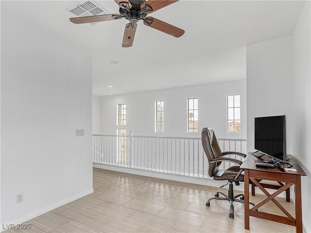 home office featuring recessed lighting, visible vents, baseboards, and a ceiling fan