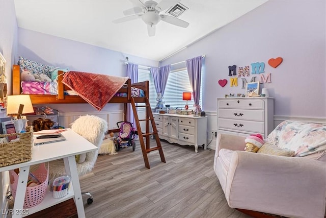 8433 Honeywood Cir, Las Vegas, NV 89128 - bedroom with lofted ceiling, light wood-style floors, and a ceiling fan