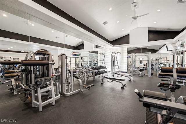 gym with recessed lighting, visible vents, high vaulted ceiling, and ceiling fan