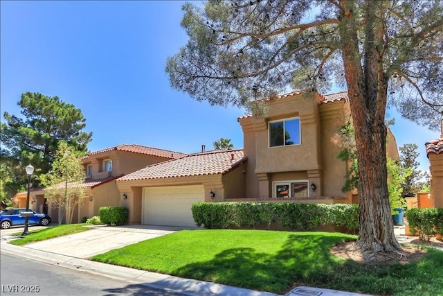 view of front of home with a front lawn, a tiled roof, stucco siding, driveway, and an attached garage