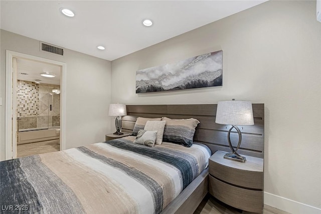 bedroom featuring recessed lighting, baseboards, visible vents, and connected bathroom