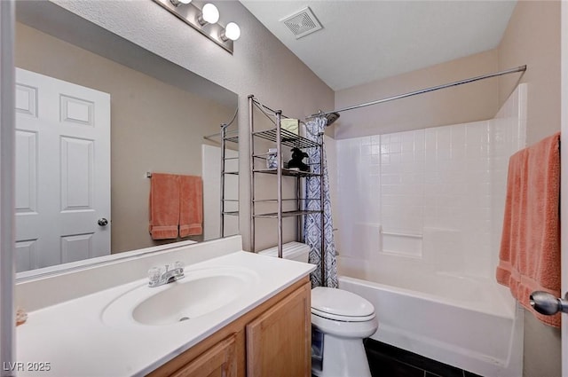 full bath with visible vents, toilet, shower / tub combo with curtain, and vanity