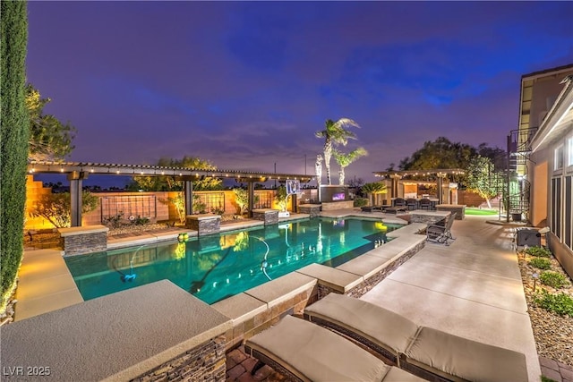 pool at dusk with a fenced in pool, a patio, a pergola, and a fenced backyard