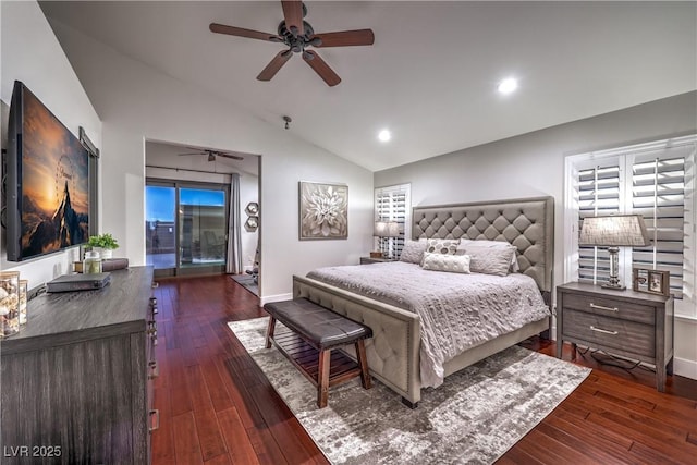 bedroom with baseboards, high vaulted ceiling, dark wood finished floors, and access to outside