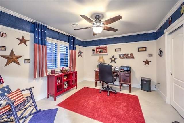 home office featuring visible vents, baseboards, ceiling fan, and ornamental molding