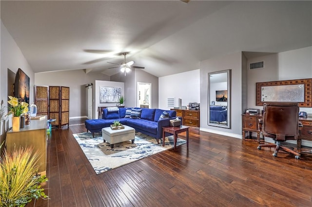 living area with baseboards, visible vents, dark wood-style flooring, ceiling fan, and vaulted ceiling